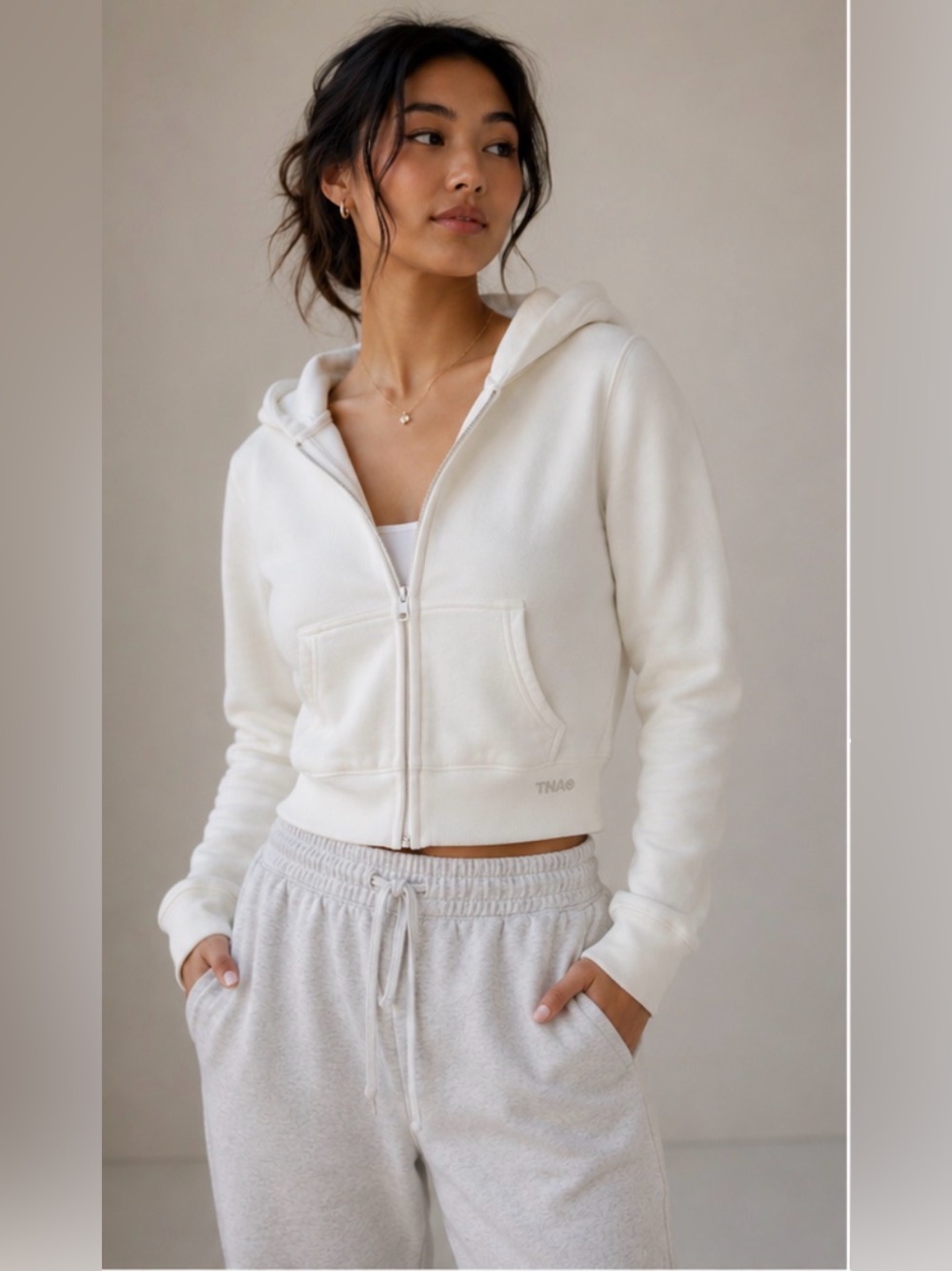 Aritzia TNA Cozy Fleece White Zip Up Hoodie 2XS